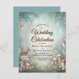 ティール（緑がかった色）と桃の魅惑の森結婚の 招待状