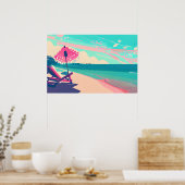 ティール(緑がかった色)と桃ビーチ、椅子と傘 ポスター (キッチン)