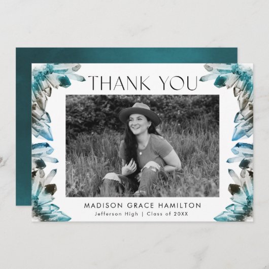 ティール(緑がかった色)と水彩の水晶写真卒業 サンキューカード (正面/裏面)