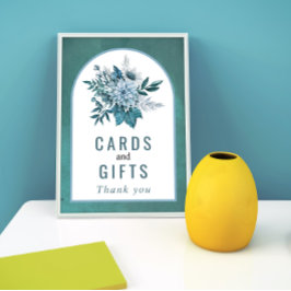 ティール（緑がかった色）と水色の青い花と結婚葉 ポスター