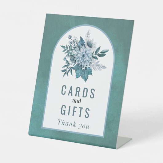 ティール（緑がかった色）と水色の青い花と結婚葉 台座サイン (正面)