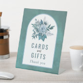 ティール（緑がかった色）と水色の青い花と結婚葉 台座サイン (インサイチュ)