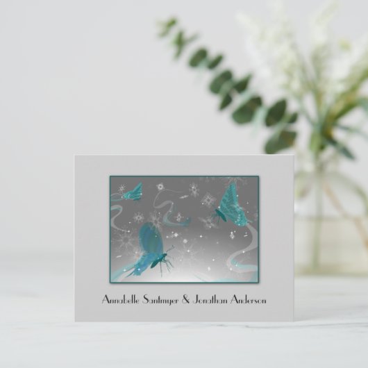 ティール(緑がかった色)と灰色の蝶の日付を保存 案内ポストカード (スタンド正面)