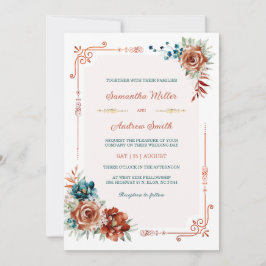 ティール（緑がかった色）と燃えたオレンジ結婚金ゴールドのテンプレート 招待状