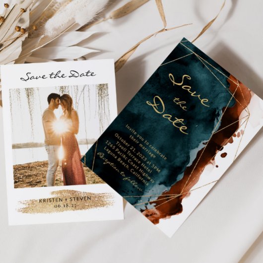 ティール(緑がかった色)と燃えたオレンジ色の水色日付を保存 セーブザデート