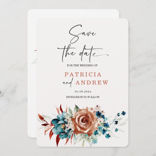 ティール(緑がかった色)と燃えたオレンジ色の結婚式の日付を保存 招待状 (正面/裏面)