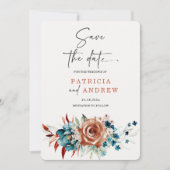 ティール(緑がかった色)と燃えたオレンジ色の結婚式の日付を保存 招待状 (正面)