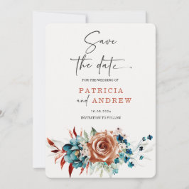 ティール(緑がかった色)と燃えたオレンジ色の結婚式の日付を保存 招待状