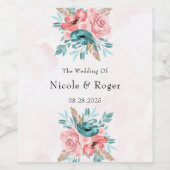 ティール（緑がかった色）と珊瑚牡丹結婚の花 ワインラベル (シングルラベル)