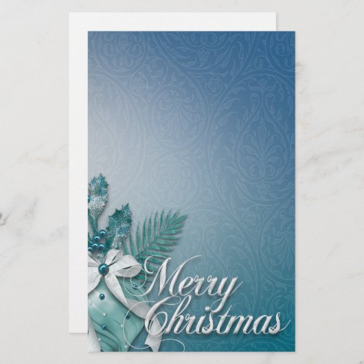 ティール（緑がかった色）と白いメリークリスマスオーナメントリボン 便箋 (正面/裏面)