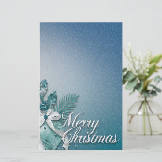 ティール（緑がかった色）と白いメリークリスマスオーナメントリボン 便箋 (スタンド正面)