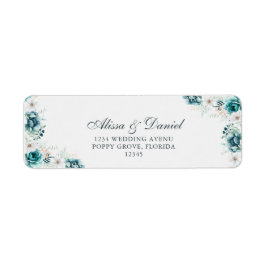 ティール(緑がかった色)と白いワイルドフラワーの差出人住所 ラベル