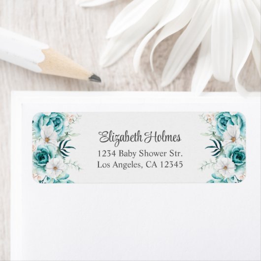 ティール(緑がかった色)と白いワイルドフラワーベイビーシャワーアドレス ラベル (インサイチュ)
