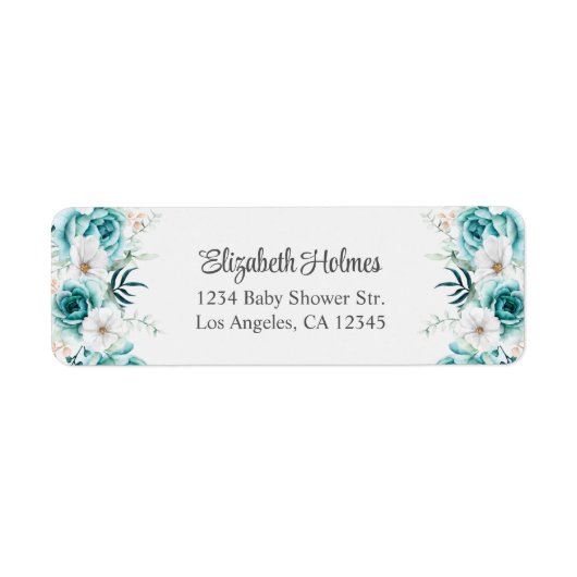ティール(緑がかった色)と白いワイルドフラワーベイビーシャワーアドレス ラベル (正面)