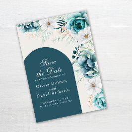 ティール(緑がかった色)と白いワイルドフラワー日付カードを保存 セーブザデート