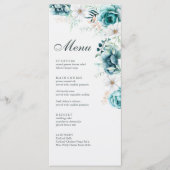 ティール（緑がかった色）と白い花の結婚メニューカード メニュー (正面)