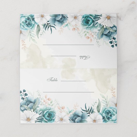 ティール（緑がかった色）と白い野結婚花の座席表 プレイスカード (外部開封)