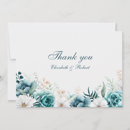 ティール(緑がかった色)と白い野結婚花 サンキューカード (正面)