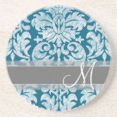 ティール（緑がかった色）と白い黒板ダマスクパターン コースター (正面)