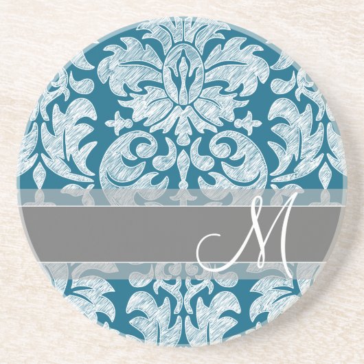 ティール（緑がかった色）と白い黒板ダマスクパターン コースター (正面)