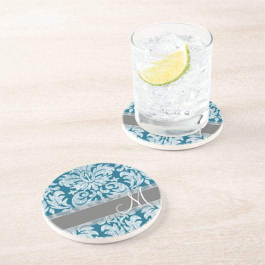 ティール（緑がかった色）と白い黒板ダマスクパターン コースター (側面)