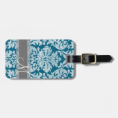 ティール（緑がかった色）と白い黒板ダマスクパターン ラゲッジタグ (正面横)