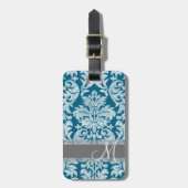 ティール（緑がかった色）と白い黒板ダマスクパターン ラゲッジタグ (正面縦)
