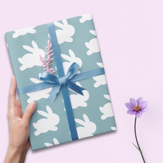 ティール(緑がかった色)と白うさぎイースターパターンギフト ラッピングペーパー
