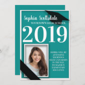 ティール(緑がかった色)と白の卒業写真のお知らせ 招待状 (正面/裏面)
