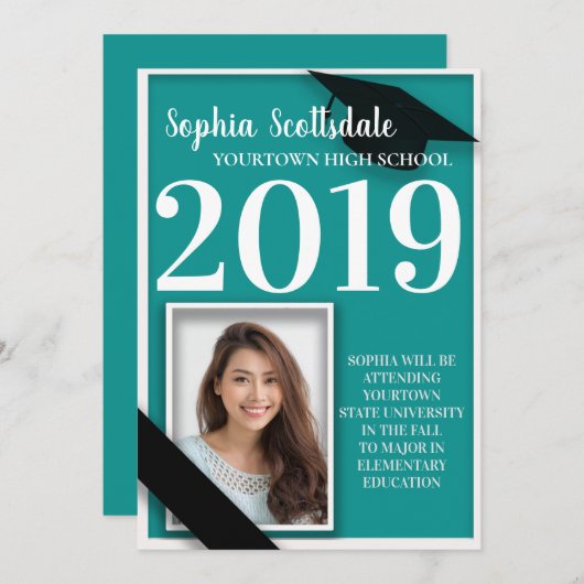 ティール（緑がかった色）と白の卒業写真のお知らせ 招待状 (正面/裏面)