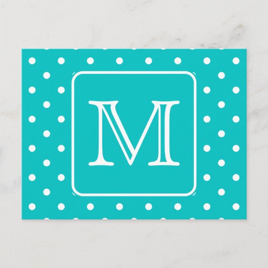 ティール（緑がかった色）と白の水玉模様パターンモノグカスタムラム。 ポストカード (正面)
