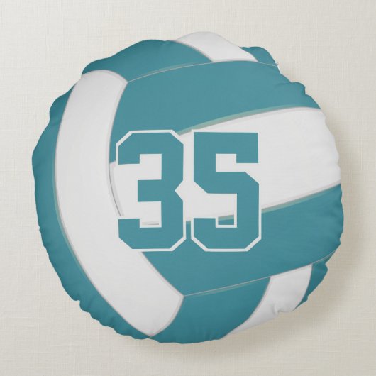ティール(緑がかった色)と白チームカラーガールズボーイズバレーボール ラウンドクッション (裏面)