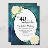 ティール(緑がかった色)と白バラ葡萄40歳の誕生日 招待状 (正面/裏面)
