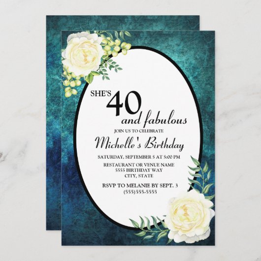 ティール(緑がかった色)と白バラ葡萄40歳の誕生日 招待状 (正面/裏面)