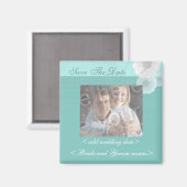 ティール(緑がかった色)と白フローラ日付写真マグネットを保存 マグネット (正面/裏面)