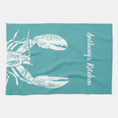 ティール(緑がかった色)と白ロブスター航海のパーソナライズされた、 キッチンタオル (横)