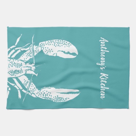 ティール(緑がかった色)と白ロブスター航海のパーソナライズされた、 キッチンタオル (横)
