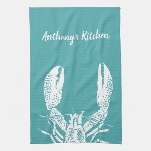 ティール(緑がかった色)と白ロブスター航海のパーソナライズされた、 キッチンタオル (縦)