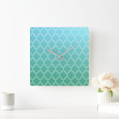 ティール（緑がかった色）と白抽象芸術の幾何学的パターン スクエア壁時計 (ホーム)