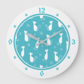 ティール（緑がかった色）と白猫パターン ラージ壁時計 (正面)