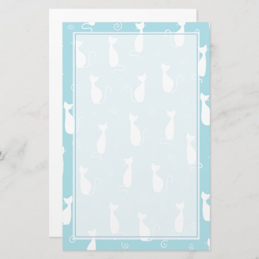 ティール（緑がかった色）と白猫パターン 便箋 (正面/裏面)