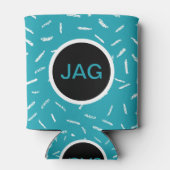 ティール(緑がかった色)と白紙吹雪、モノグラム円 缶クーラー (裏面)