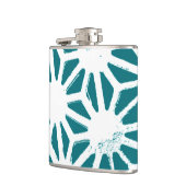 ティール（緑がかった色）と白色の幾何学的パターン フラスク (左)