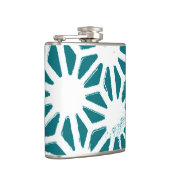 ティール（緑がかった色）と白色の幾何学的パターン フラスク (右)