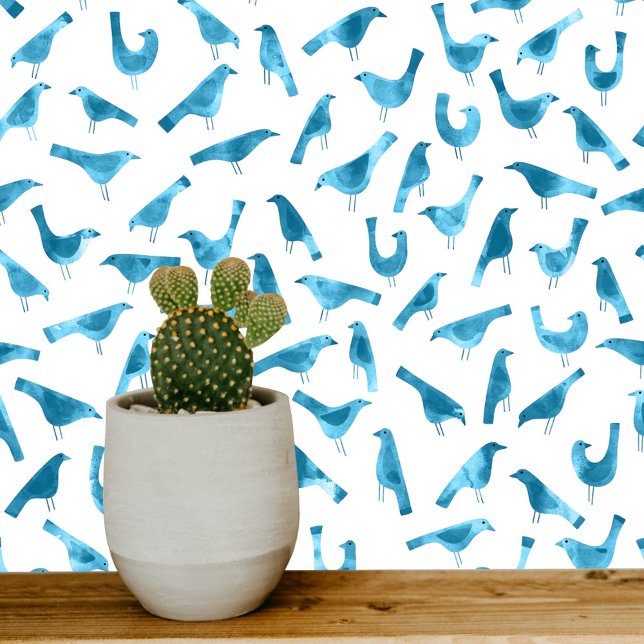 ティール（緑がかった色）と白鳥水彩画 壁紙 (Teal blue green and white watercolor bird pattern wallpaper)