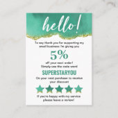 ティール（緑がかった色）と白、金ゴールドグリッターありがとうロゴ 名刺 (正面)