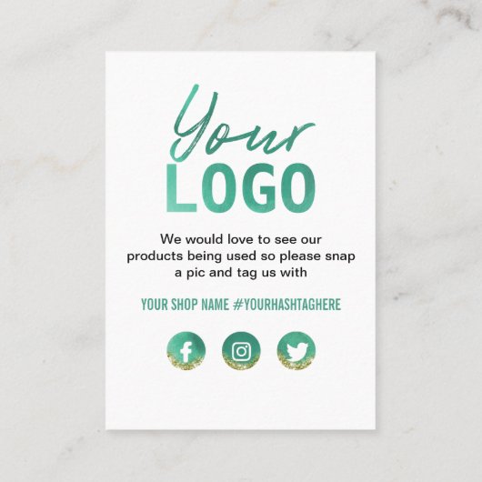 ティール（緑がかった色）と白、金ゴールドグリッターありがとうロゴ 名刺 (裏面)