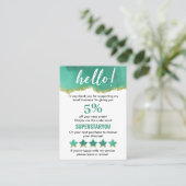 ティール（緑がかった色）と白、金ゴールドグリッターありがとうロゴ 名刺 (スタンド正面)