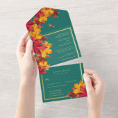 ティール(緑がかった色)と秋ファンタジー金ゴールド素朴レベリ結婚ーズ オールインワン招待状 (貼ってはがせる)