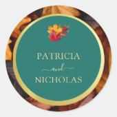 ティール(緑がかった色)と秋ファンタジー金ゴールド素朴レベリ結婚ーズ ラウンドシール (正面)